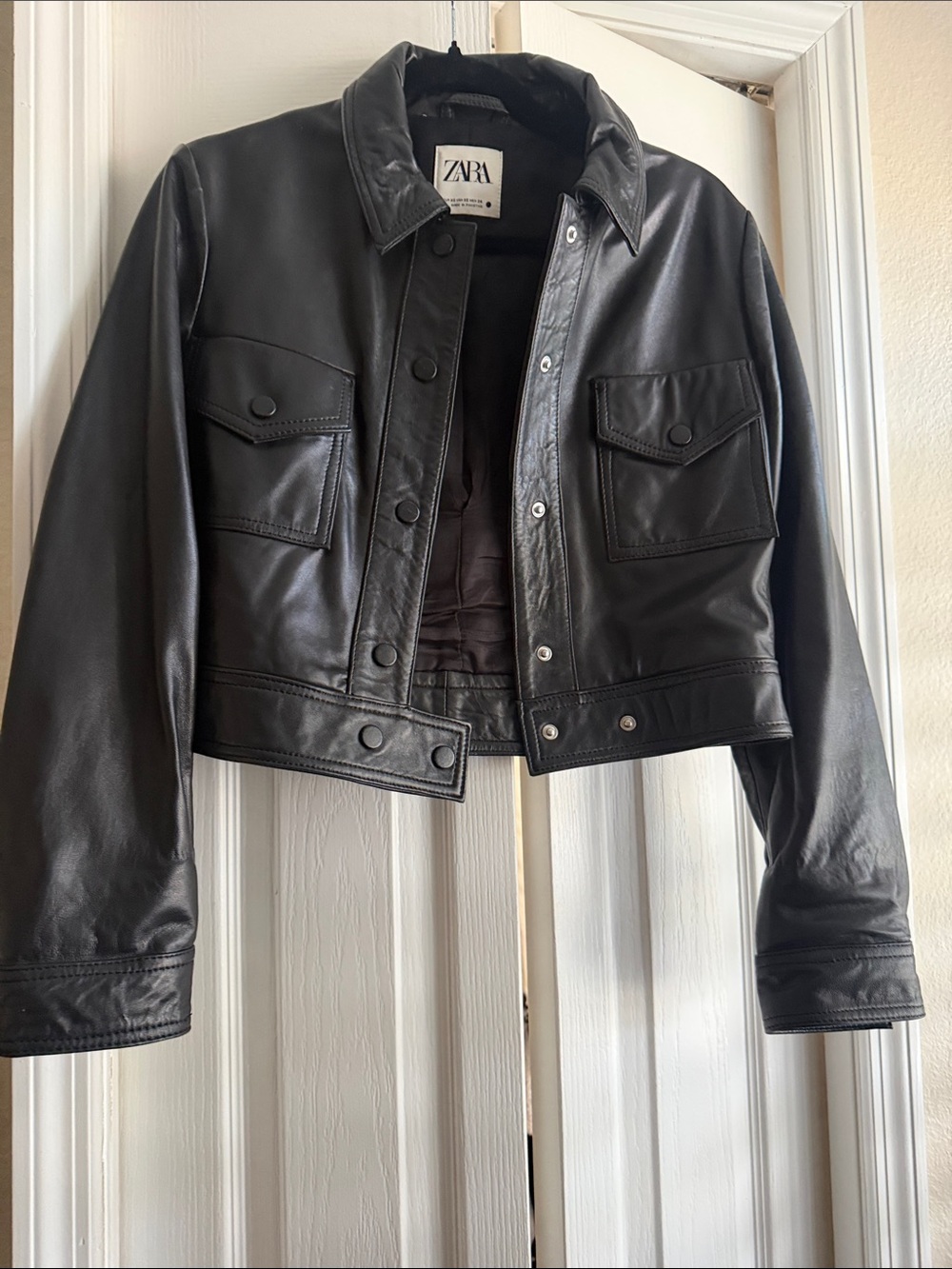Zara Black Leather Cropped Trucker Jacket